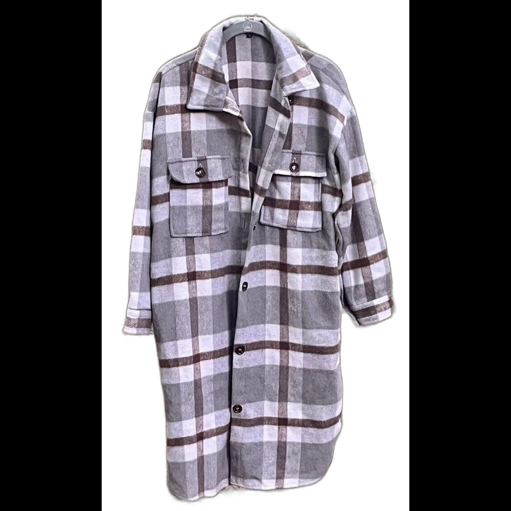 NEW Oversized Long Brushed Flannel Plaid Shacket Coat Womens S Soft Cozy Cabin